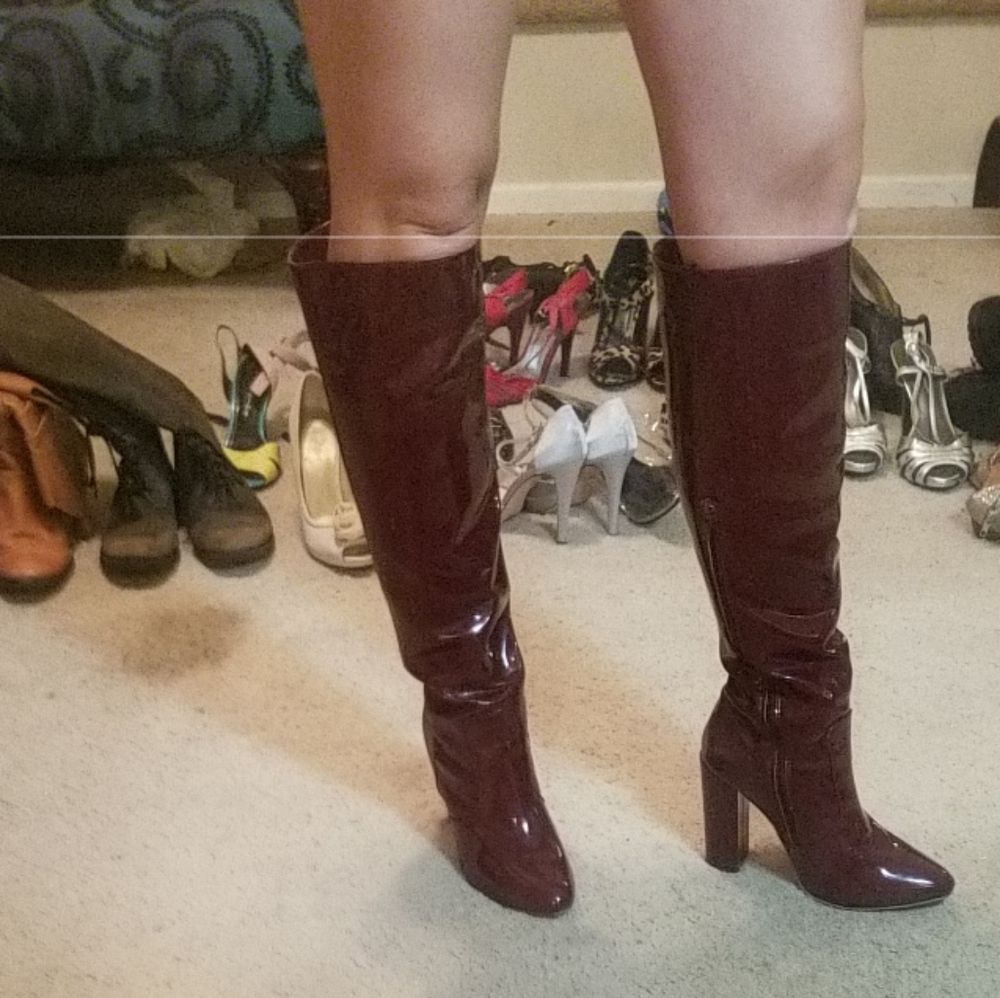 Burgundy patent leather knee high boots